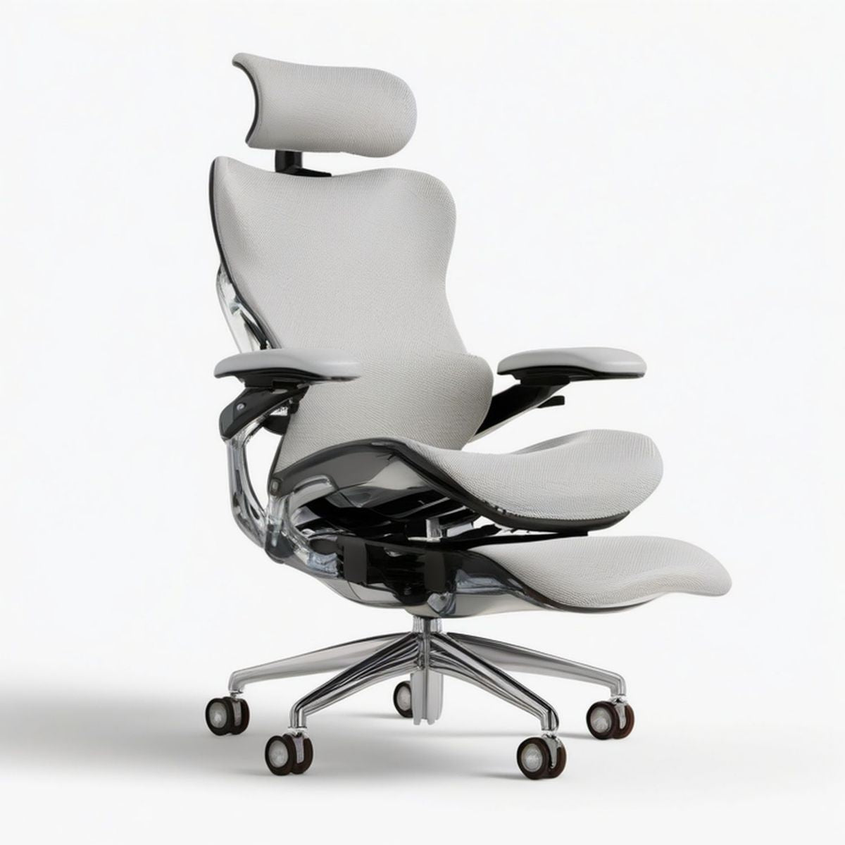 Ergonomischer Bürostuhl mit Kopfstütze und Beinauflage, Hellgrau/Schwarz/Silber, 70 x 70 x 118–128 cm