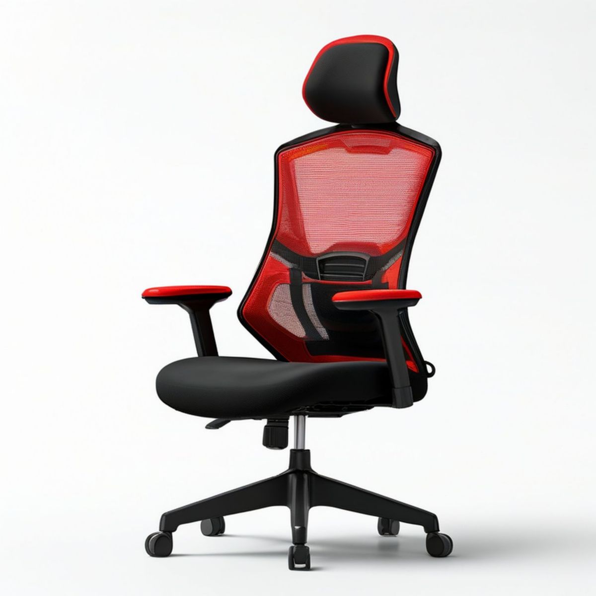Ergonomischer Bürostuhl mit Kopfstütze, Netzrücken, Schwarz/Rot, 65 x 65 x 118–128 cm