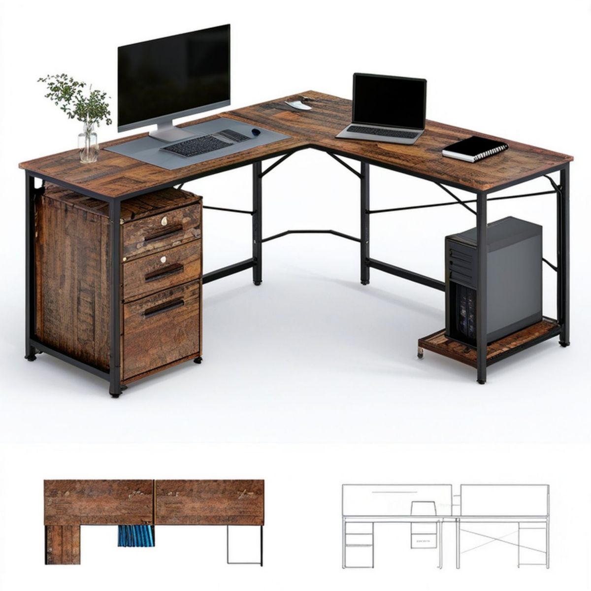 L-förmiger Eckschreibtisch 150 x 150 x 75 cm mit 3 Schubladen, Braun/Schwarz