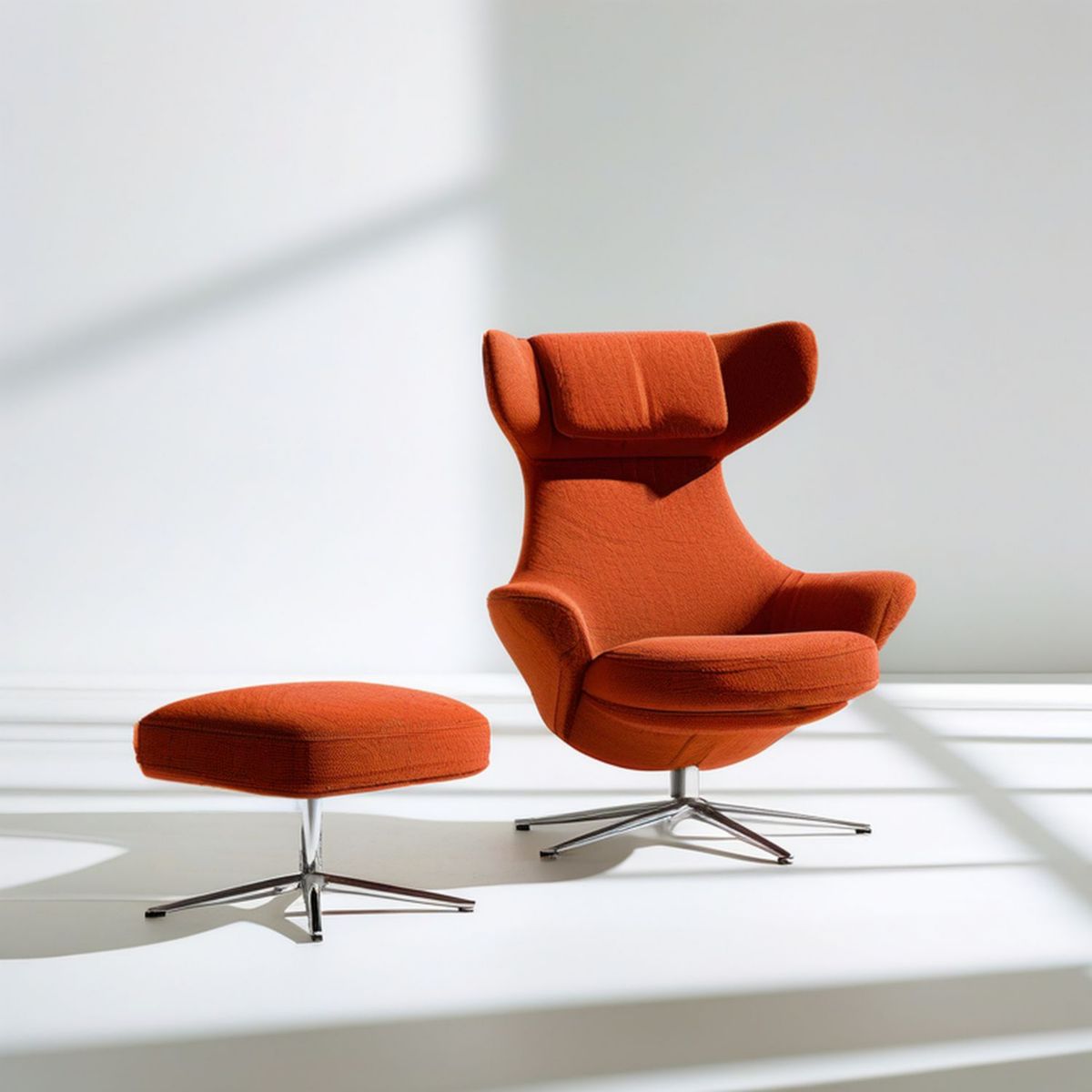 Drehbarer Polstersessel mit Hocker und Kopfstütze, Orange/Silber, 90 x 86 x 108 cm