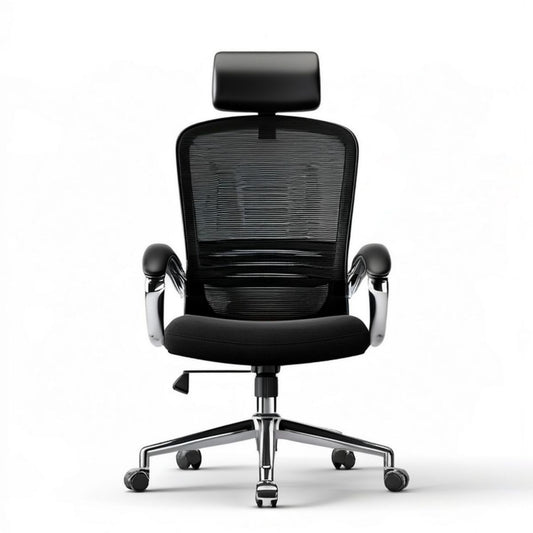 Ergonomischer Bürodrehstuhl Schwarz/Silber mit Kopfstütze, Netzrücken und Rollen, 65 × 65 × 117–127 cm