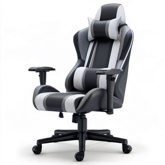 Gaming-Sessel mit Fussstütze und Lendenkissen, Schwarz/Grau/Weiss, 68 x 68 x 124–134 cm