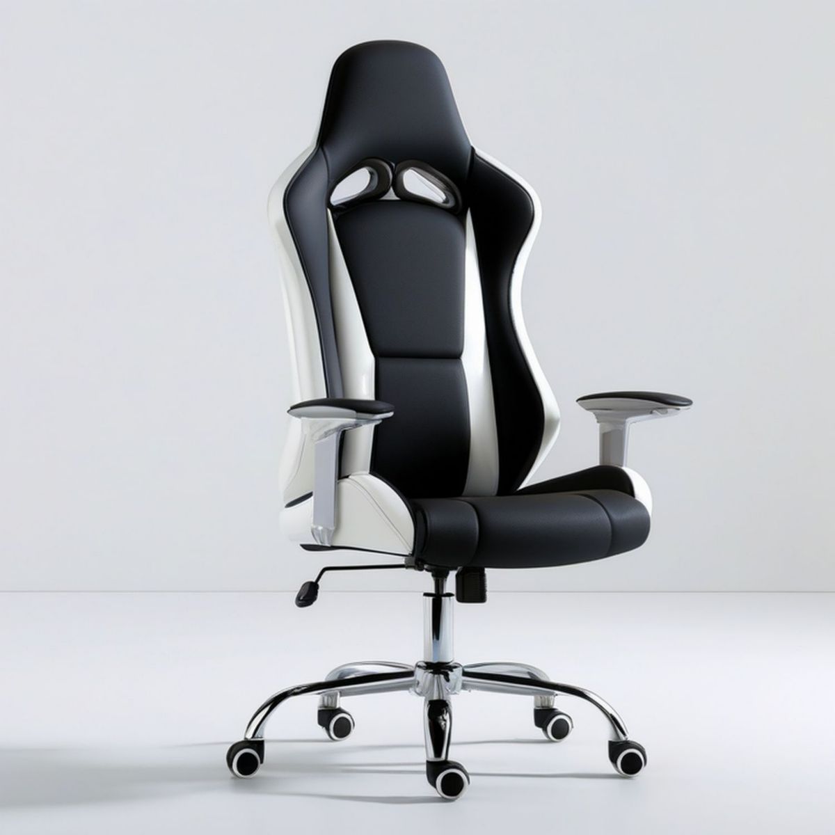 Ergonomischer Gamingstuhl aus Kunstleder, Schwarz/Weiss, 68 x 68 x 120–130 cm