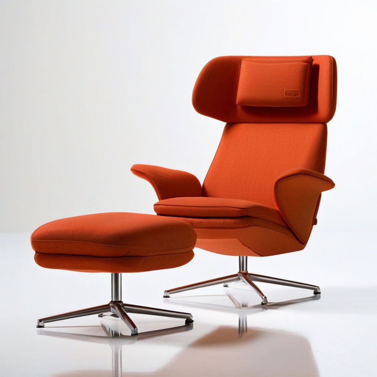 Orangefarbener Drehsessel mit Hocker, Polyesterbezug und Edelstahlgestell, 82 x 90 x 110 cm