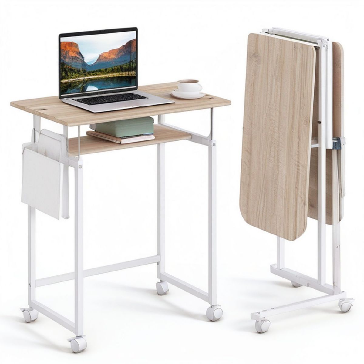 Rollbarer Klapptisch 80 x 50 x 75 cm mit Ablage in Eichenoptik/Weiss