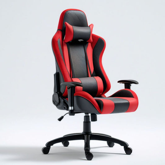 Gamingstuhl Schwarz/Rot aus PU-Kunstleder mit Kopfstütze und Lendenkissen, 65 x 65 x 120–130 cm